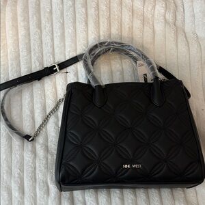 Nine West Black Quilted Satchel with Chain-Trim Strap